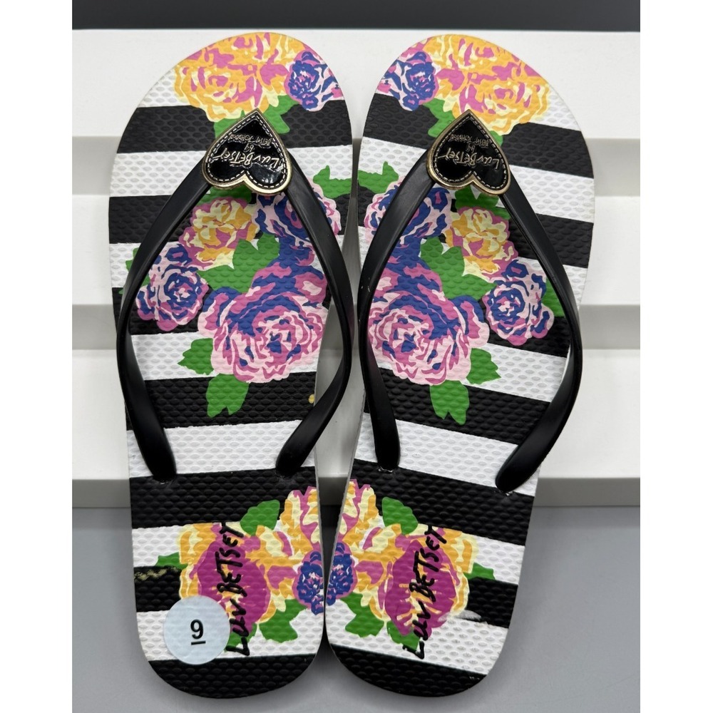 Luv Betsey Johnson Ariah Floral Stripe Flip Flop Sandals Heart Logo Womens Sz 9